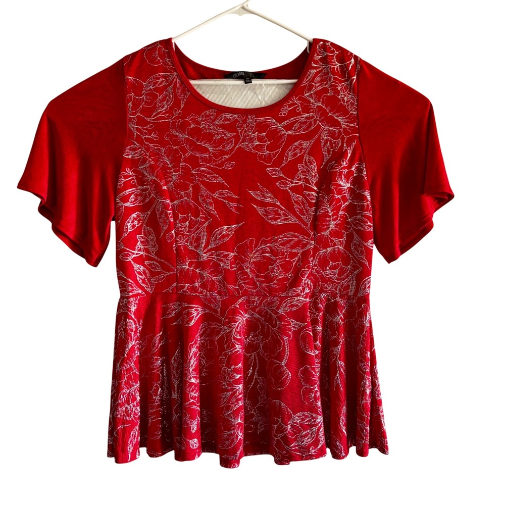 LuLaRoe Elegant Collection Red Silver Metallic Floral Peplum Top 2XL Holiday